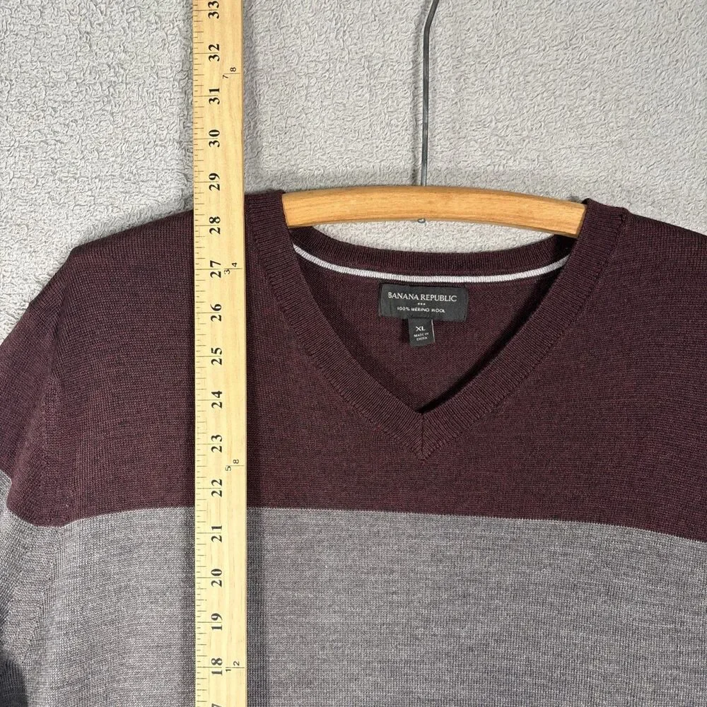Banana Republic Mens Size XL Merino Wool Long Sleeve‎ V Neck Sweater Grey Preppy